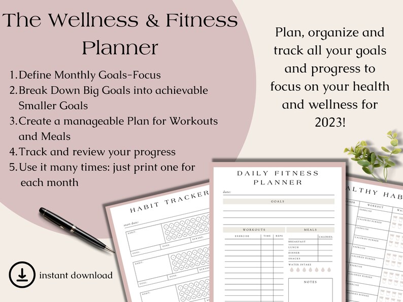 May include: A wellness and fitness planner with a pink and white design. The planner includes sections for daily fitness, habit tracking, and goal setting. Text on the planner reads: "Plan, organize and track all your goals and progress to focus on your health and wellness for 2023!"