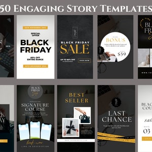 May include: A collection of 10 black and gold Instagram story templates for Black Friday sales. The templates feature text such as "Black Friday Sale", "Signature Course", "Best Seller", "Last Chance", and "Black Friday Countdown".