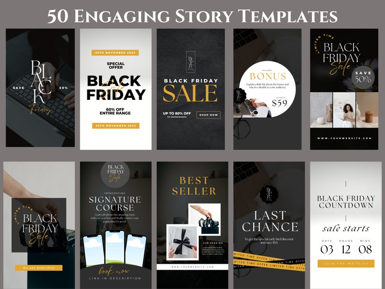 May include: A collection of 10 black and gold Instagram story templates for Black Friday sales. The templates feature text such as "Black Friday Sale", "Signature Course", "Best Seller", "Last Chance", and "Black Friday Countdown".