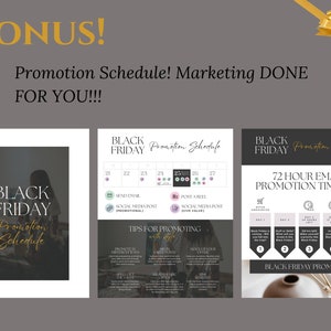 May include: A black and white image with the text "BLACK FRIDAY Promotion Schedule" on a white background. The image includes a calendar with dates and a list of marketing tasks for each day. The image also includes a timeline for a 72-hour email promotion.