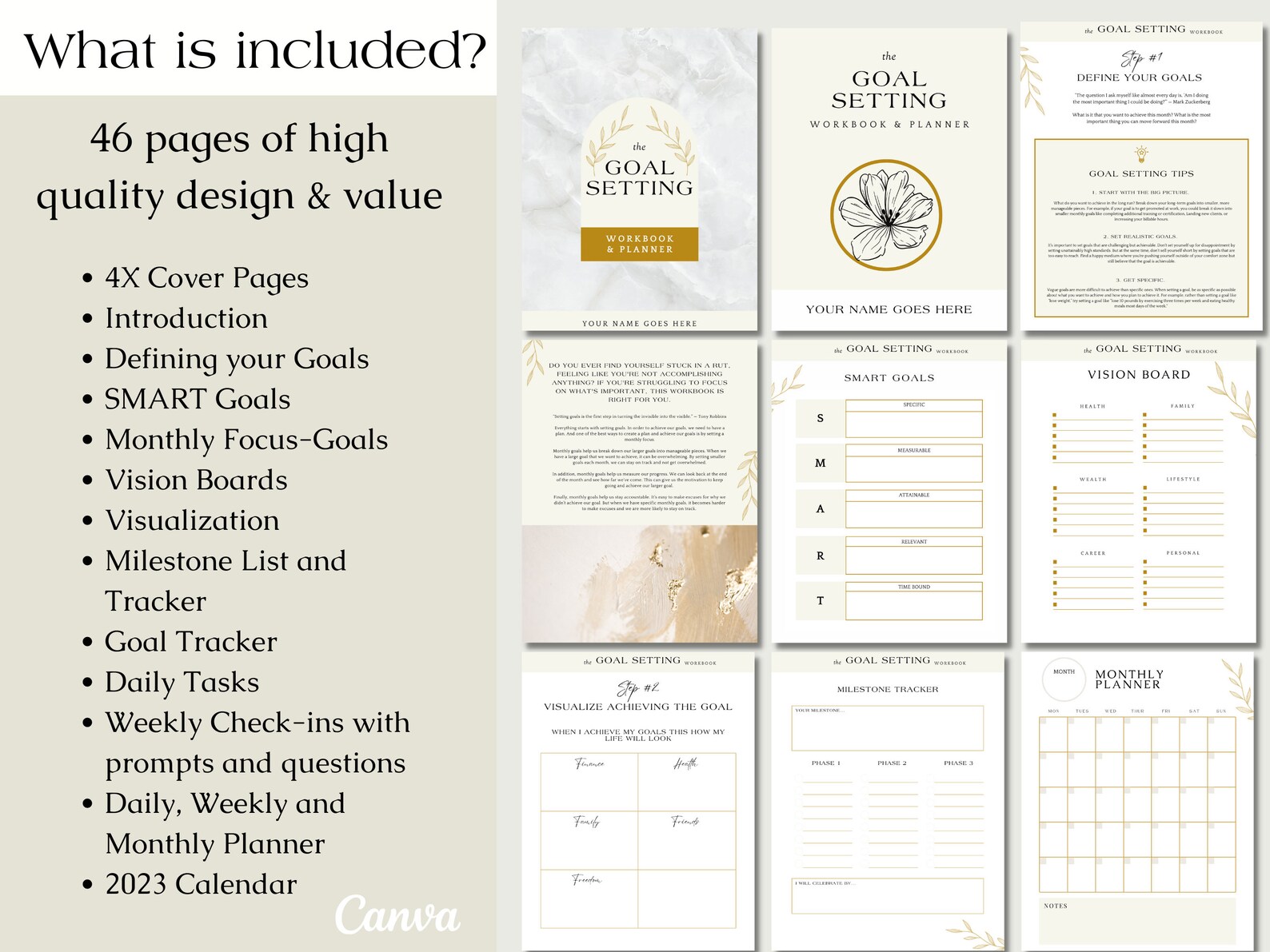 Printable Goal Setting Workbook and Planner Canva Template, Vision ...