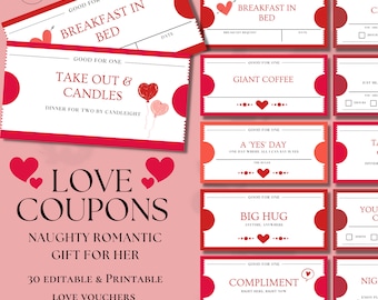 Printable Naughty Love Coupons Book for Her, Customizable Valentines Day Coupon, Gift for Her, Wife Gift, Anniversary Gift, Love Vouchers