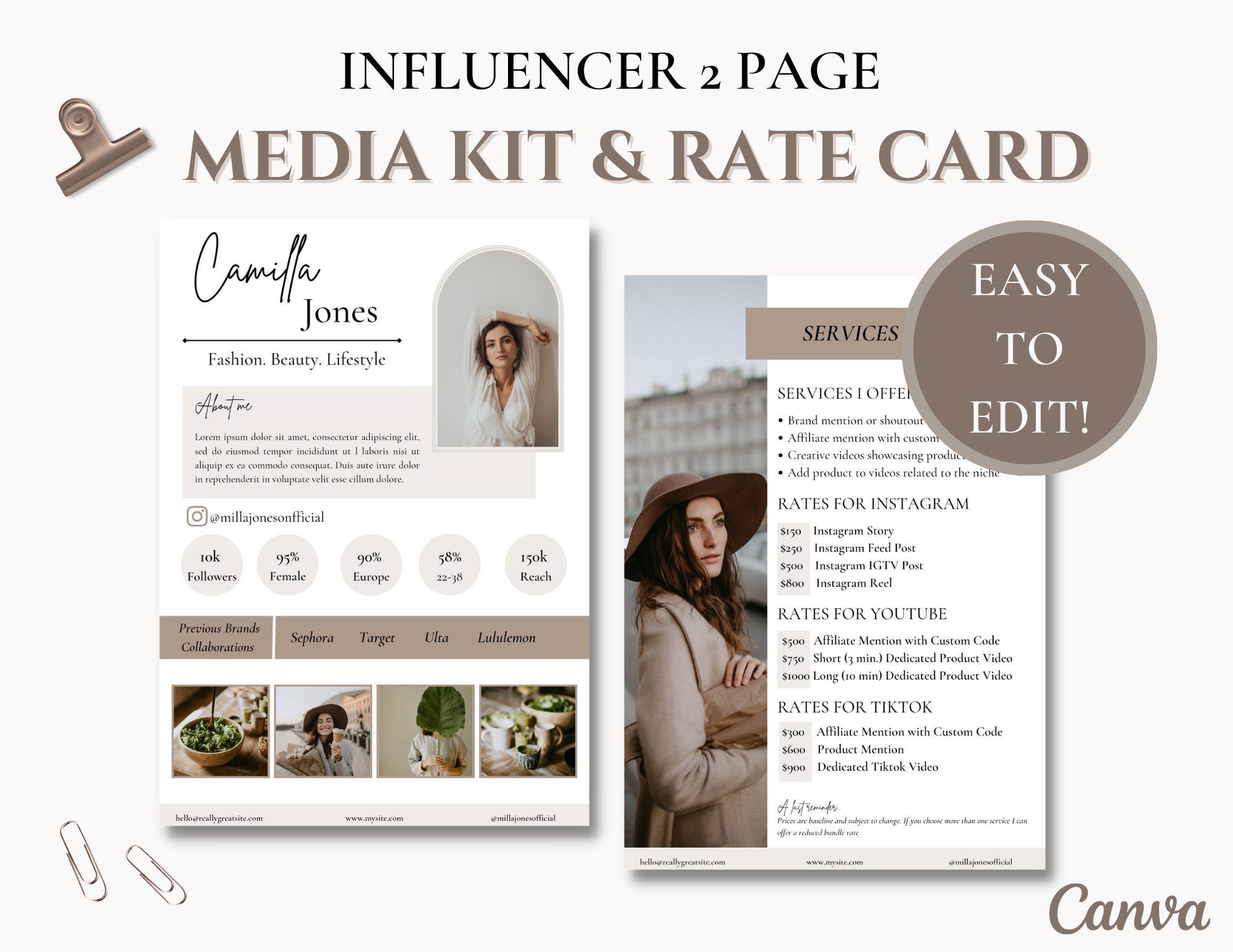2 Page Media Kit Template & Rate Card, Instagram Influencer, Blogger ...