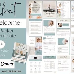 May include: A digital client welcome packet template with a teal and white color scheme. The template includes pages for onboarding, a table of contents, a coaching timeline, and more. Text includes "Client Welcome Packet template" and "Edit in Canva."