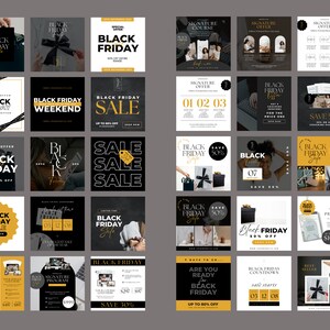 May include: A collection of 25 social media post templates for Black Friday sales. The templates feature a black and gold color scheme with text that says "Black Friday", "Sale", "Save 50%", and "Up to 80% Off".