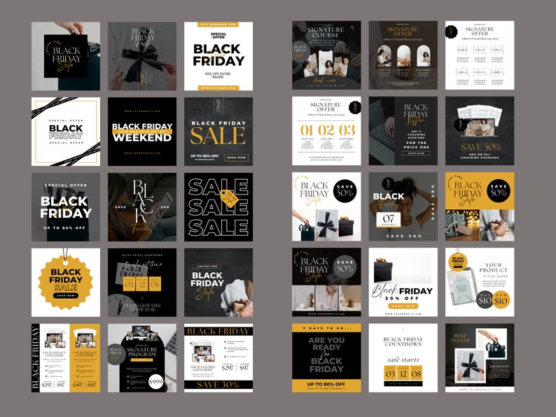 May include: A collection of 25 social media post templates for Black Friday sales. The templates feature a black and gold color scheme with text that says "Black Friday", "Sale", "Save 50%", and "Up to 80% Off".