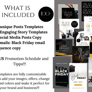 May include: A collection of 100+ Black Friday social media post templates and email copy. The templates feature black and gold color schemes with text that says "Black Friday Sale", "Last Chance", "Special Offer", and "Save 50%".