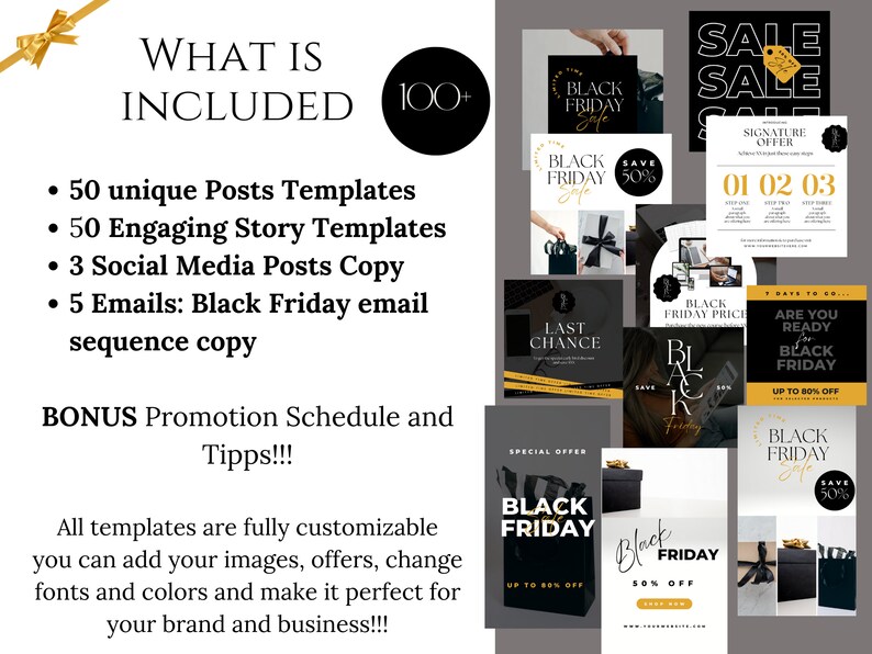 May include: A collection of 100+ Black Friday social media post templates and email copy. The templates feature black and gold color schemes with text that says "Black Friday Sale", "Last Chance", "Special Offer", and "Save 50%".