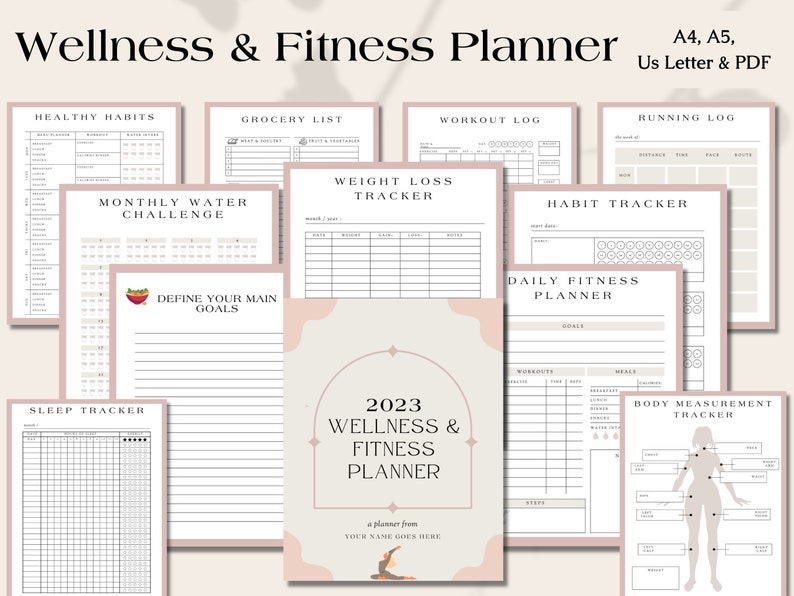 May include: A collection of printable wellness and fitness planners with various tracking pages. The pages include sections for healthy habits, grocery lists, workout logs, and body measurements. The cover reads "2023 Wellness & Fitness Planner."