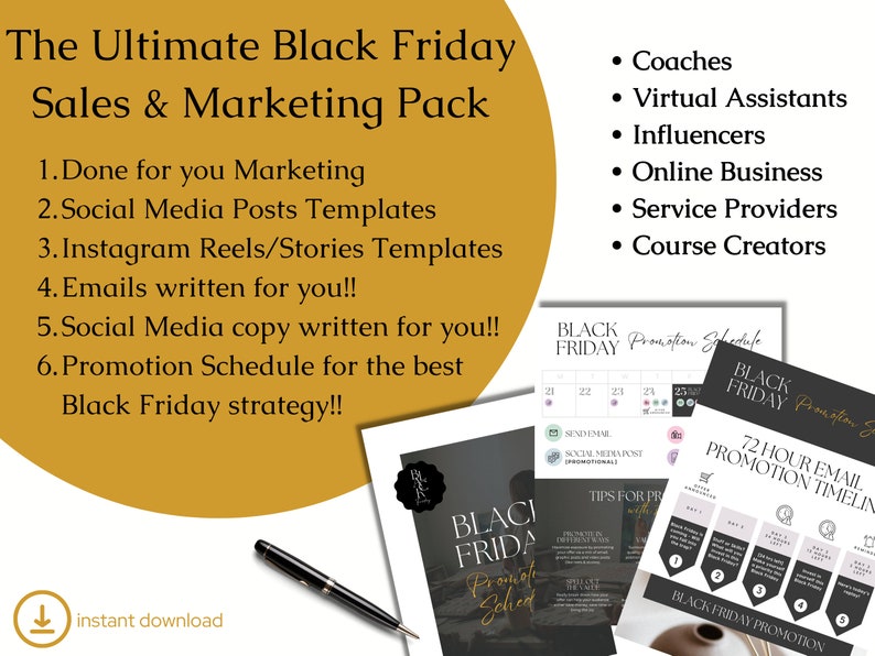 May include: A digital marketing pack for Black Friday sales, featuring a checklist, email schedule, and social media post templates. The pack is designed for coaches, virtual assistants, influencers, online businesses, service providers, and course creators.