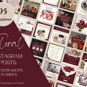 95 Floral Instagram Post Templates, Flower Shops, Florist Templates, Flower Shop Wedding Bouquets, Canva Templates, Florist Social Media