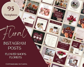 95 Floral Instagram Post Templates, Flower Shops, Florist Templates, Flower Shop Wedding Bouquets, Canva Templates, Florist Social Media