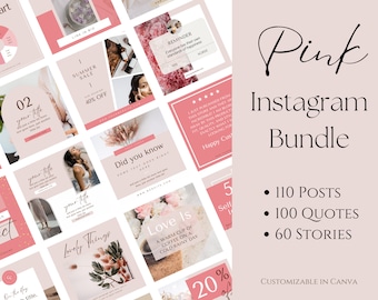 May include: A pink and white digital graphic design bundle for Instagram featuring 110 posts, 100 quotes, and 60 stories. The bundle is customizable in Canva.