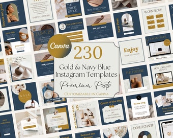 230 Navy Blue & Gold Premium Instagram Post Templates, Branding Social Media Templates, Coaching Canva Templates, Elegant Business Instagram