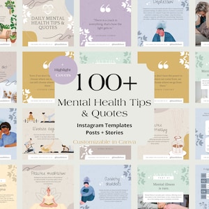 100 Mental Health Tips & Quotes Instagram Canva Template, Wellness and Self Care Social Media Templates, Coaching Templates, Therapist IG