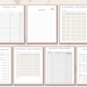 May include: A collection of printable planner pages with a minimalist design. The pages include a to-do list, notes, a calories tracker, fitness goals, a fitness challenge, a sleep tracker, and a workout log. Each page has a pink border and is filled with black text.