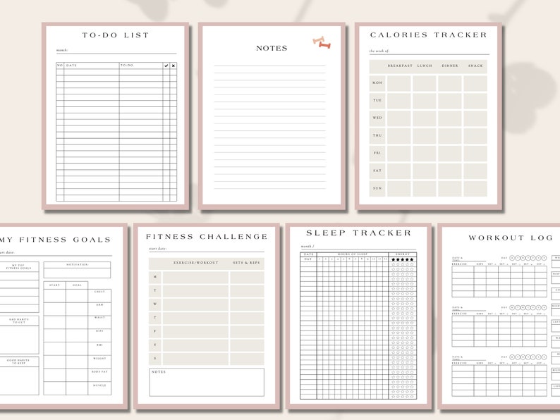May include: A collection of printable planner pages with a minimalist design. The pages include a to-do list, notes, a calories tracker, fitness goals, a fitness challenge, a sleep tracker, and a workout log. Each page has a pink border and is filled with black text.