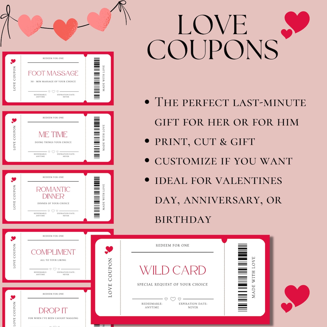 Printable Love Coupons Book for Her for Him, Customizable Valentines Day Coupon, Gift for Him ...