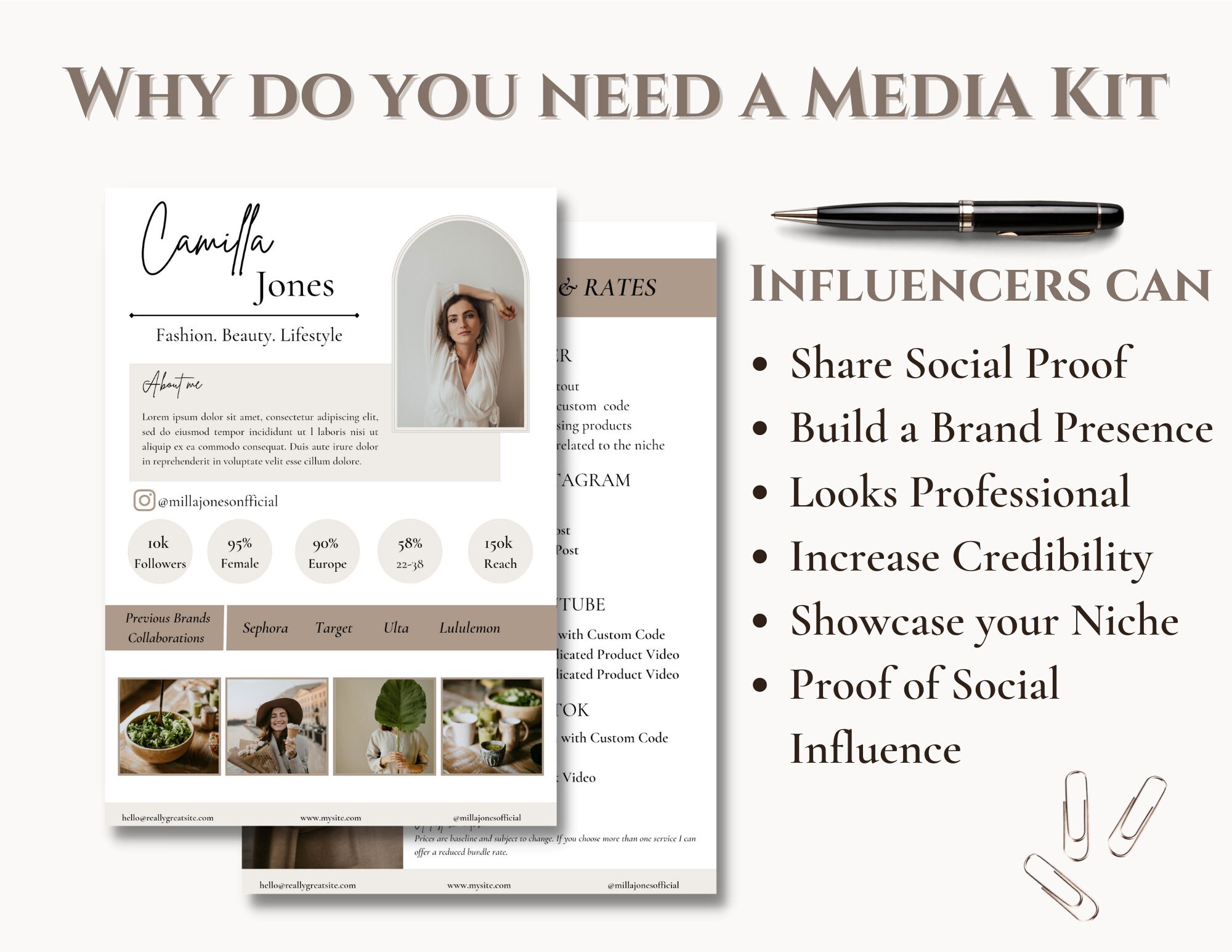 2 Page Media Kit & Rate Card Template | Instagram Influencer, Blogger ...
