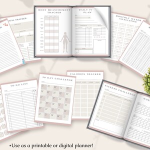 May include: A collection of printable or digital planner pages with a gray and pink color scheme. The pages include trackers for goals, body measurements, daily fitness, water intake, weight loss, and calories. The text "Use as a printable or digital planner!" is at the bottom.