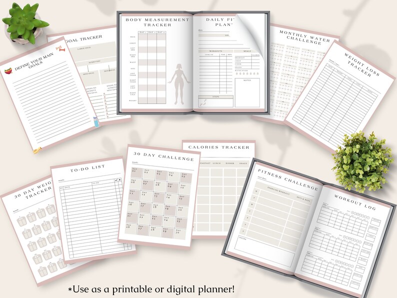 May include: A collection of printable or digital planner pages with a gray and pink color scheme. The pages include trackers for goals, body measurements, daily fitness, water intake, weight loss, and calories. The text "Use as a printable or digital planner!" is at the bottom.