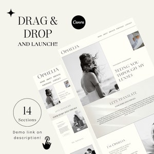 May include: A website mockup for a photographer named Ophelia. The website features a black and white photo of a woman with long hair blowing in the wind. The text "Seeing you through my lenses" is displayed in a large font. The website also includes a section for services, a portfolio, and contact information.