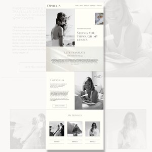 May include: A website homepage for a photographer and world traveler. The website features a black and white photo of a woman with the text "Seeing you through my lenses" and "Let's translate your story into visuals". The website also features a section for services with three images of couples.