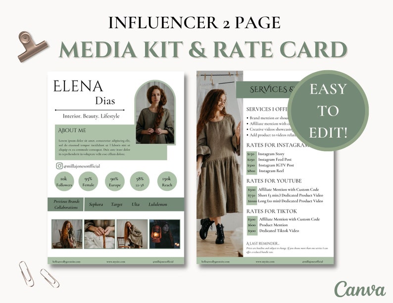 2 Page Media Kit & Rate Card Template | Instagram Influencer, Blogger ...