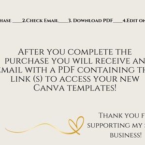 May include: A text-based graphic with instructions on how to access digital templates. The text reads: "1. PURCHASE 2. CHECK EMAIL 3. DOWNLOAD PDF 4. EDIT ON CANVA AFTER YOU COMPLETE THE PURCHASE YOU WILL RECEIVE AN EMAIL WITH A PDF CONTAINING THE LINK (S) TO ACCESS YOUR NEW CANVA TEMPLATES! THANK YOU FOR SUPPORTING MY SMALL BUSINESS!"