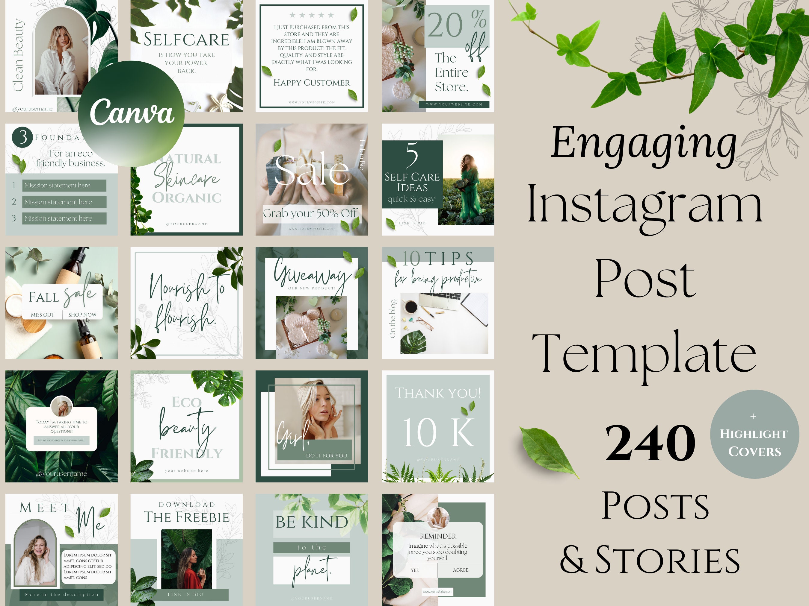 240 Natural Skincare Instagram Post Template, Wellness Posts, Instagram Story, Coaching Instagram Template, Healthy Lifestyle IG, Greenery