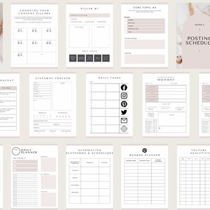 May include: A printable social media planner with sections for choosing content pillars, core topics, posting schedule, recycled content, giveaway tracker, daily tasks, post calendar, daily planner, automation platforms and schedulers, boards planner, youtube analytics, and a pro section. The planner is designed with a light pink background and black text.