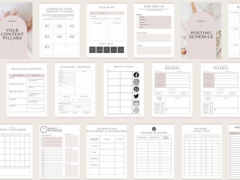 May include: A printable social media planner with sections for choosing content pillars, core topics, posting schedule, recycled content, giveaway tracker, daily tasks, post calendar, daily planner, automation platforms and schedulers, boards planner, youtube analytics, and a pro section. The planner is designed with a light pink background and black text.