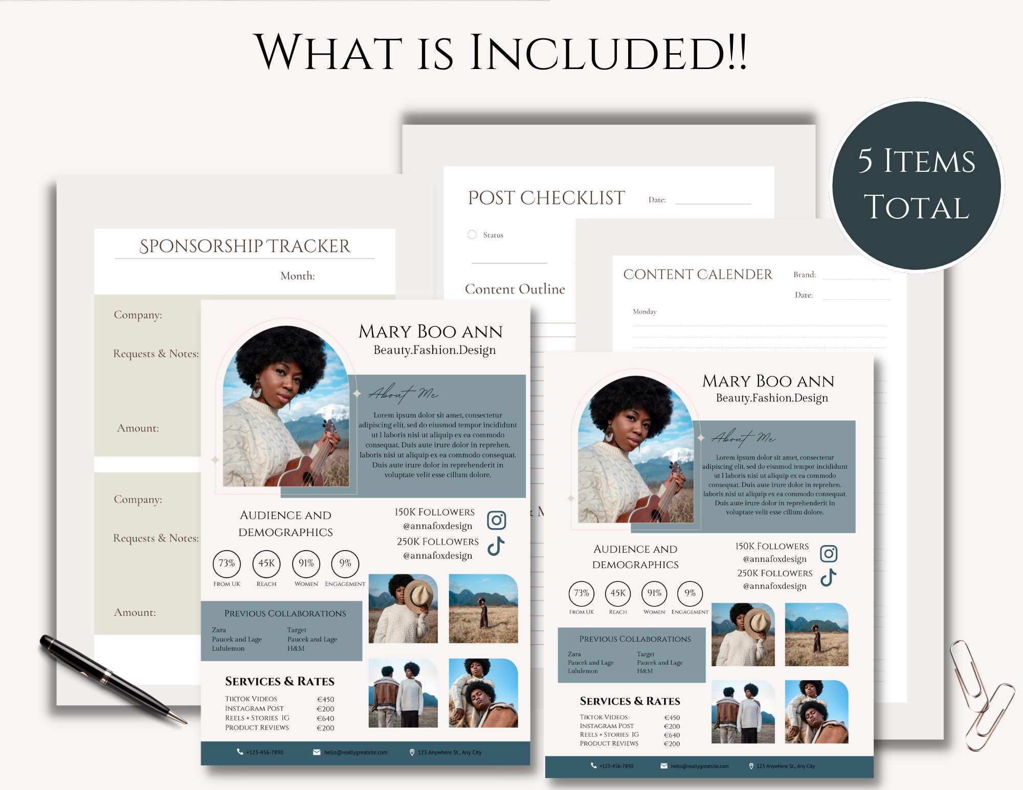 1 Page Media Kit Template & Rate Card, Instagram Influencer, Blogger ...