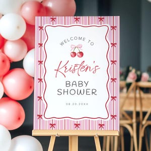 Cherry Baby Shower Welcome Sign Template, Pink Bow Baby Shower Sign Cherry On Top Baby Shower Welcome Sign, Coquette Bow Baby Shower, 13B