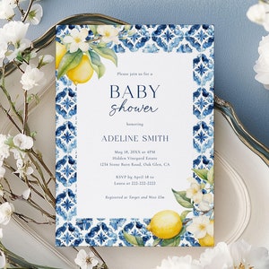Zitrone Babypartyeinladung Vorlage, Citrus Babypartyeinladung Italienisch Blaue Fliesen Babyparty Mediterrane Zitrone Babypartyeinladung B6