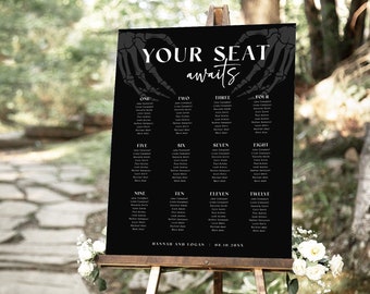 Plantilla de tabla de asientos de boda gótica, tabla de asientos de boda de Halloween, tabla de asientos espeluznantes góticas, boda de mal humor, decoración de boda gótica, H6