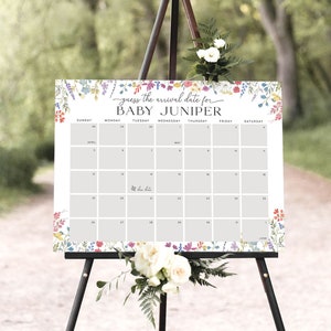 Fälligkeitsdatumskalender Babyparty Vorlage, Wildblumen Babypartyschild, Guess Baby's Geburtsdatum Zeichen, Baby Shower Spiel Fälligkeitsdatum Kalender, 6B