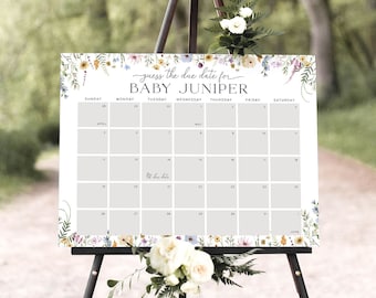 May include: A floral-themed calendar sign with the text "Guess the due date for Baby Juniper" and a blank calendar grid for guests to guess the baby's due date.