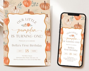 Little Pumpkin Birthday Invitation Template, Autumn Birthday Invitation Fall 1st Birthday Invite Pumpkin First Birthday Invitation, F4