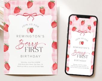 Berry First Birthday Invitation Template, Strawberry Birthday Invite Strawberry First Birthday Invitation, Berry 1st Birthday Invite, 12B