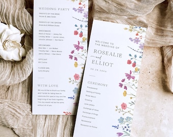 May include: Wedding ceremony programme with floral illustrations. The programme includes the wedding party, ceremony details, and a message of love from the couple. The text reads "Welcome to the wedding of Rosalie and Elliot 06.26.20xx".