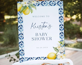 Plantilla de letrero de bienvenida para baby shower con limón mediterráneo, letrero de bienvenida para baby shower con azulejos azules de limón italiano, letrero de bienvenida para baby shower con cítricos de Amalfi, B6