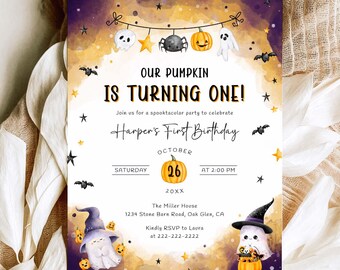 Halloween First Birthday Invitation Template First Birthday Halloween Invite Spooktacular 1st Birthday Cute Ghost Birthday Party Invite, 8B