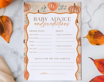 Plantilla de juego para baby shower con consejos y predicciones, tarjeta de predicciones para baby shower, consejos para juegos de baby shower de calabaza de otoño, F4