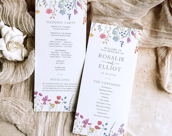 May include: Wedding ceremony programme with floral illustrations. The programme includes the wedding party, the order of the ceremony, and the reception details. The text reads "Welcome to the wedding of Rosalie and Elliot 06.26.20xx".