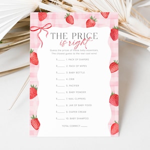 May include: A pink and white baby shower game card with the text "THE PRICE is right". The card has a strawberry theme with a gingham border and strawberry illustrations. The game lists baby essentials.