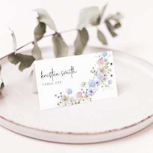 Plantilla de tarjetas de lugar de boda de flores silvestres, tarjetas de lugar de boda floral azul polvoriento, tarjetas de lugar de boda de jardín tarjetas de lugar florales flores, S6