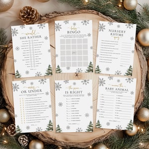 Szablon pakietu gier na zimowe baby shower, pakiet gier na świąteczne baby shower, wesołe gry na baby shower z płatkami śniegu, C7