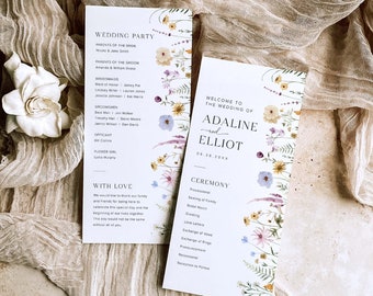 May include: Wedding ceremony program with floral designs. The program includes the wedding party, ceremony details, and a message of love from the couple. The text reads "Welcome to the wedding of Adaline and Elliot 06.26.20xx".