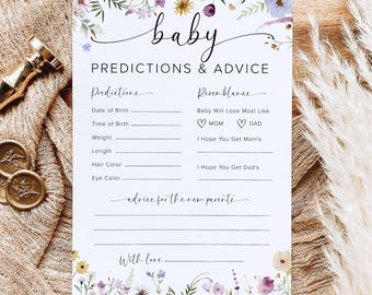 Baby Shower Predictions Card, Wildflower Baby Shower Games, Baby Predictions Card, Baby Predictions and Advice, Digital Download, S10